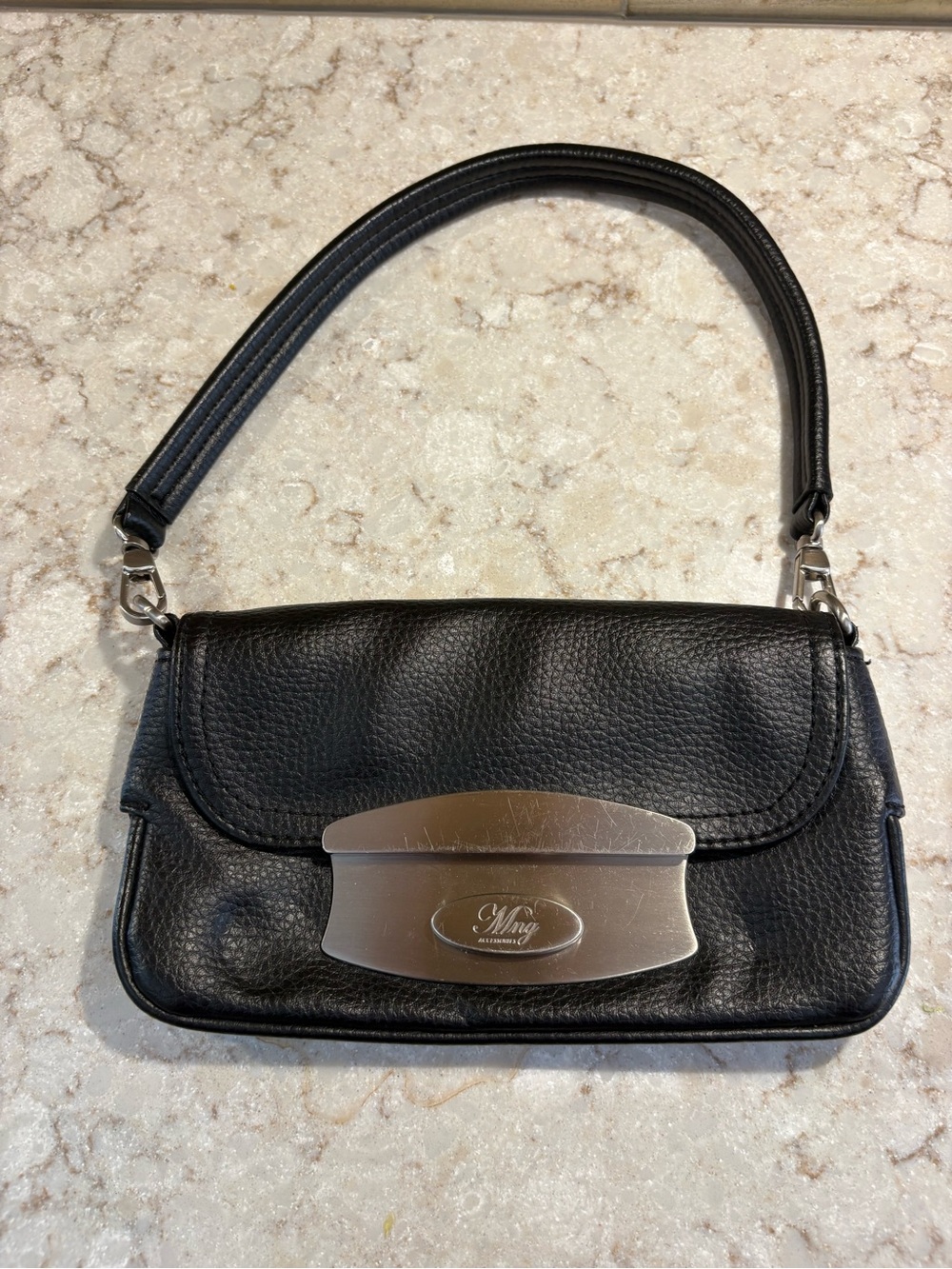 Ming Black Leather Shoulder Bag with Silver Hardware